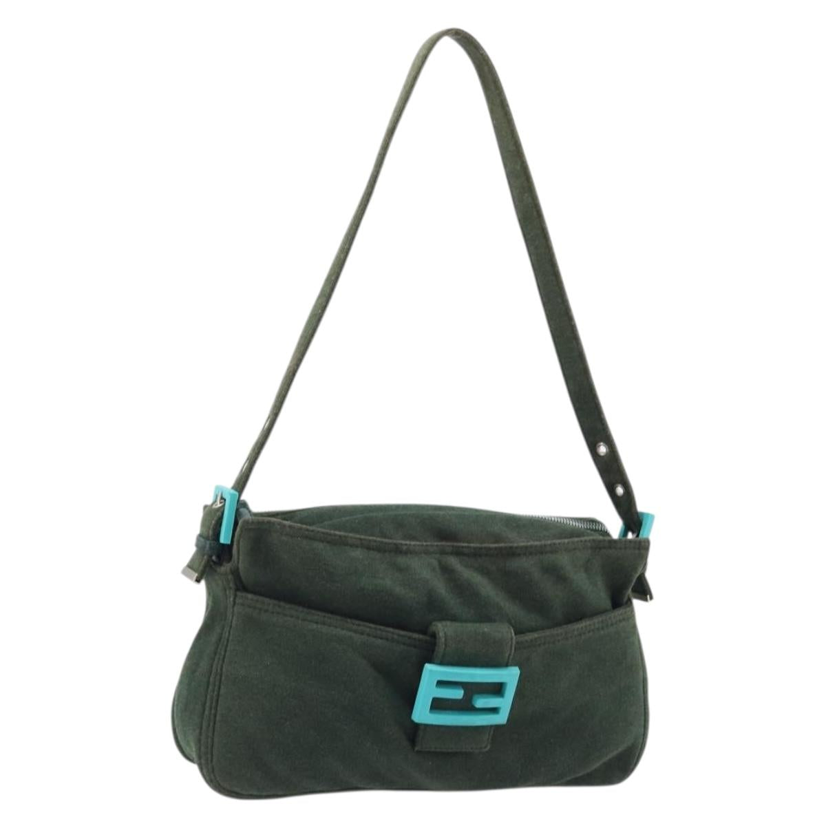 FENDI Mamma Baguette Hand Bag Cotton Green Silver Auth ep13976