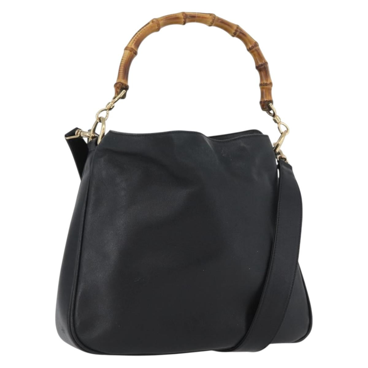 GUCCI Bamboo Hand Bag Leather 2way Black Gold 001 1998 1638 Auth ep13979