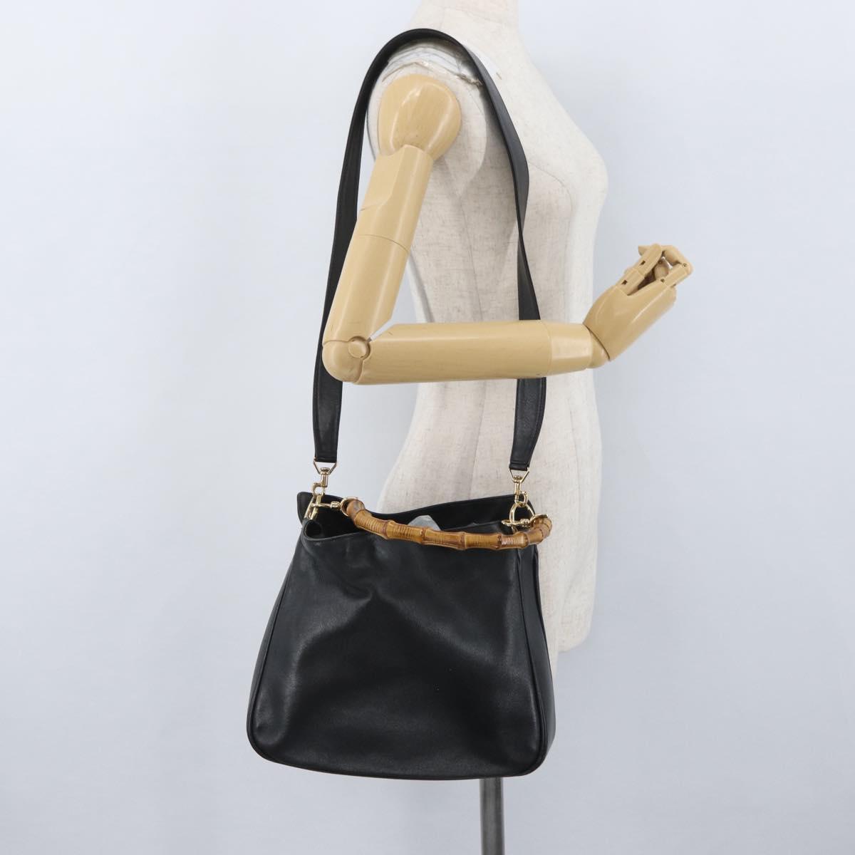 GUCCI Bamboo Hand Bag Leather 2way Black Gold 001 1998 1638 Auth ep13979