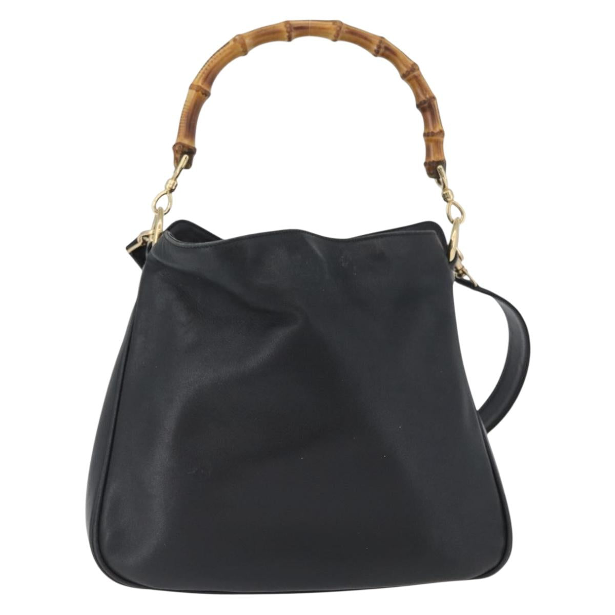 GUCCI Bamboo Hand Bag Leather 2way Black Gold 001 1998 1638 Auth ep13979