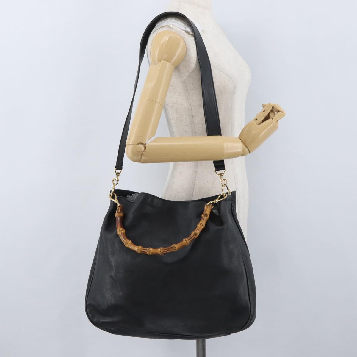 GUCCI Bamboo Hand Bag Leather 2way Black Gold 001 3754 1577 Auth ep13982