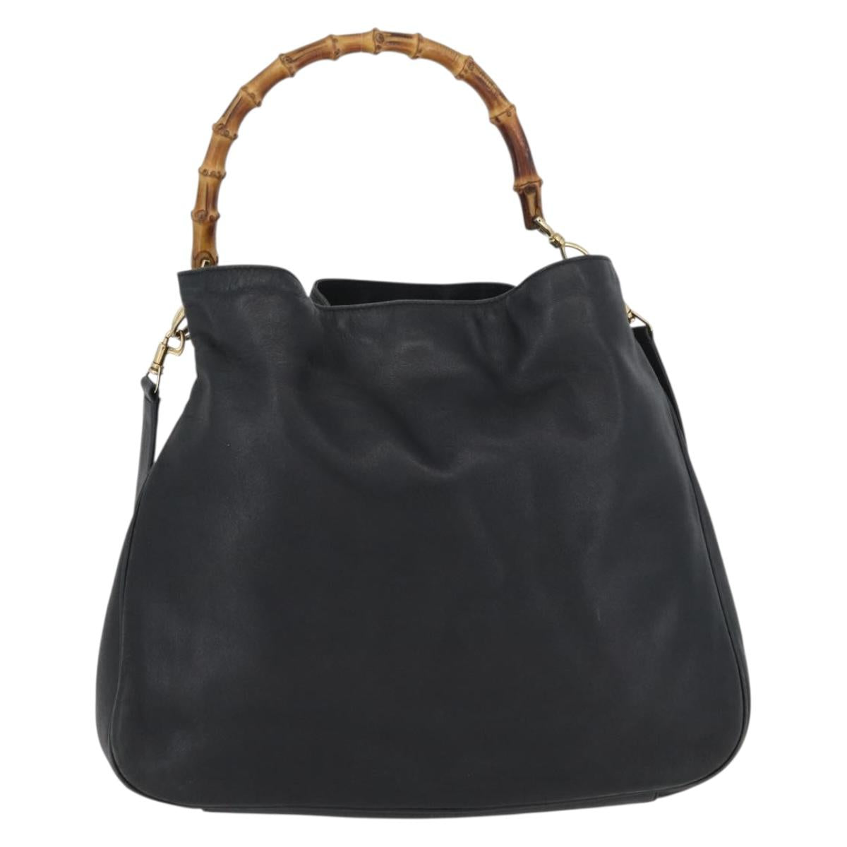 GUCCI Bamboo Hand Bag Leather 2way Black Gold 001 3754 1577 Auth ep13982
