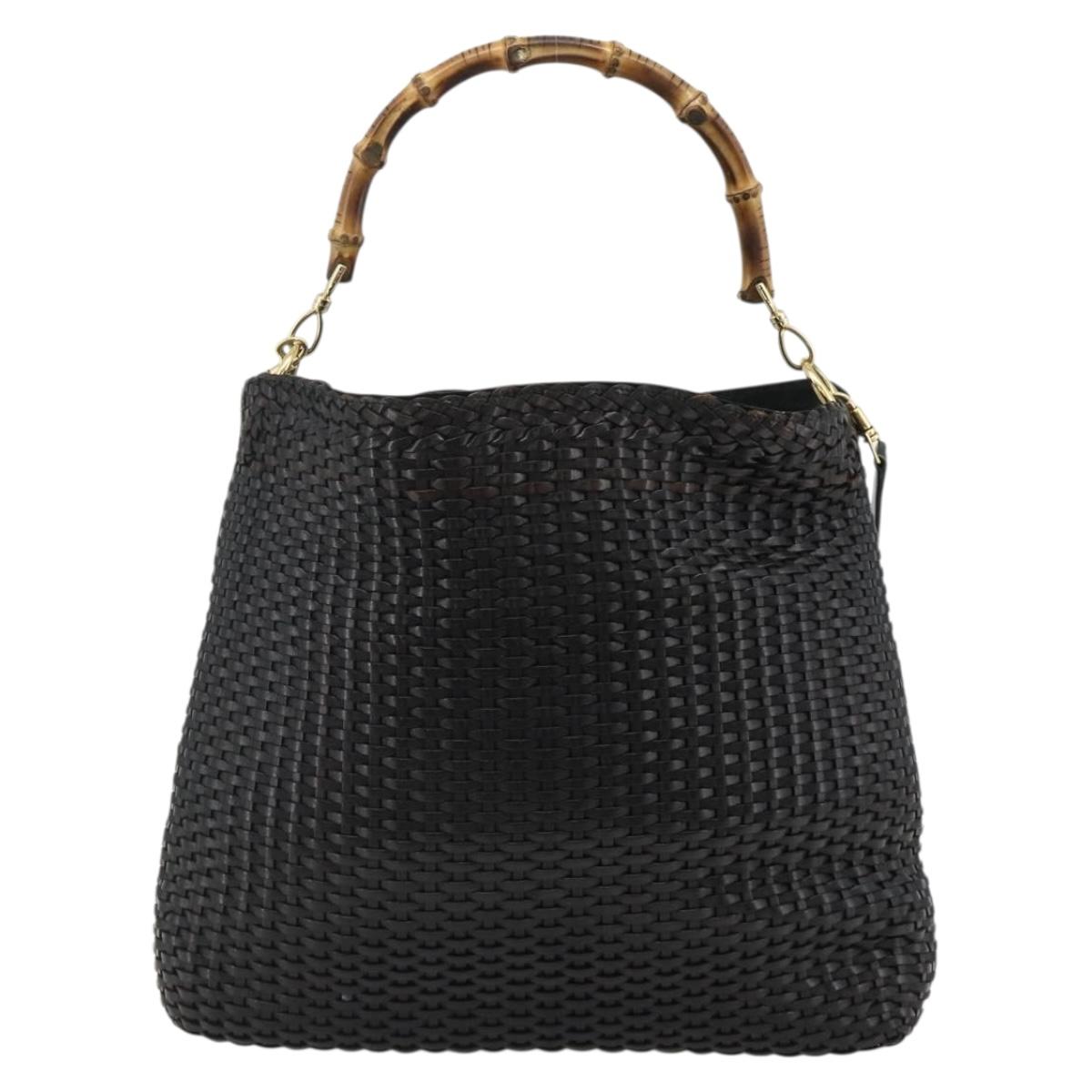 GUCCI Bamboo Hand Bag Leather 2way Black Gold 001 2404 1577 Auth ep14012