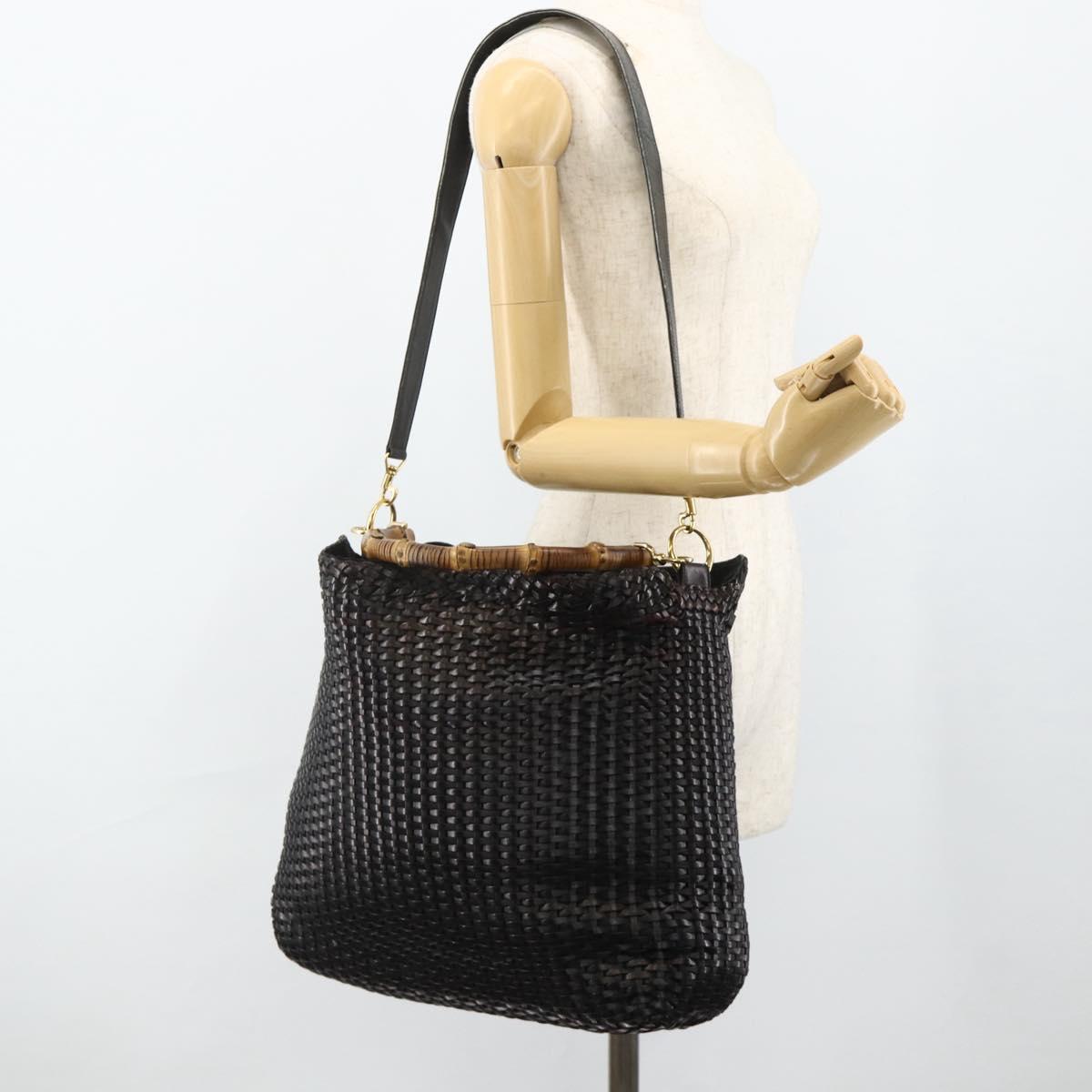 GUCCI Bamboo Hand Bag Leather 2way Black Gold 001 2404 1577 Auth ep14012