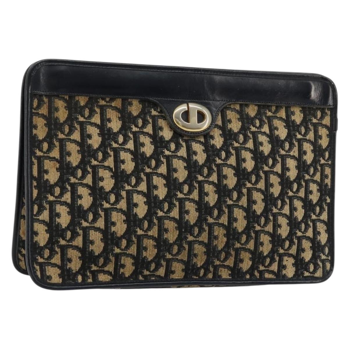 Christian Dior Trotter Canvas Clutch Bag Navy Gold Auth ep14016
