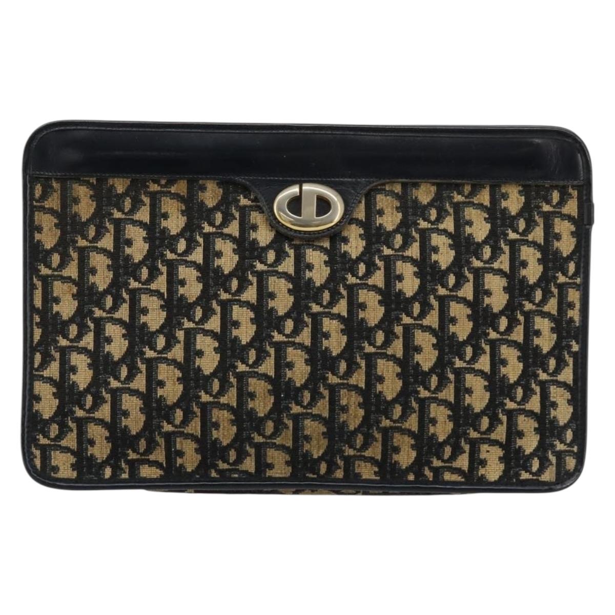 Christian Dior Trotter Canvas Clutch Bag Navy Gold Auth ep14016