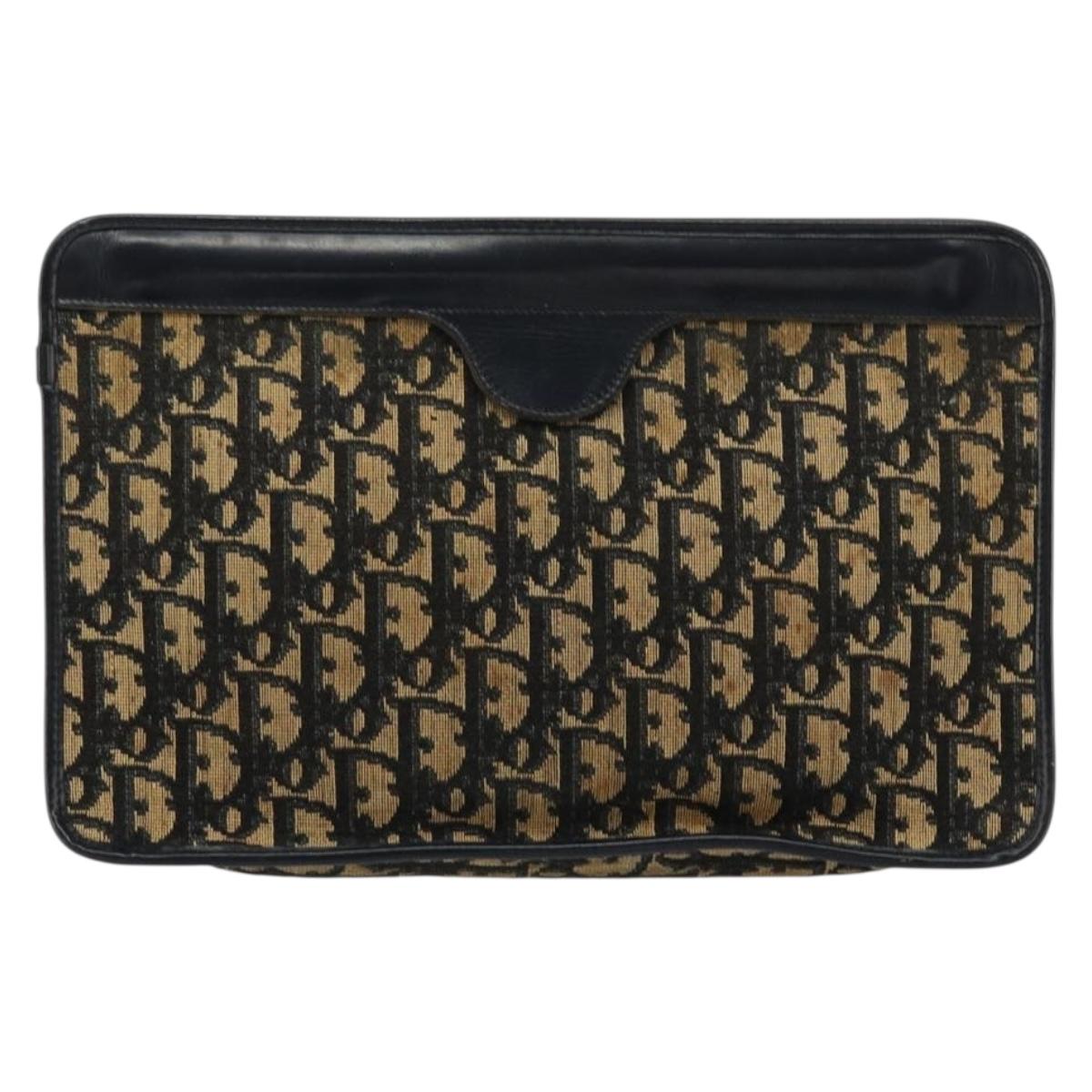 Christian Dior Trotter Canvas Clutch Bag Navy Gold Auth ep14016