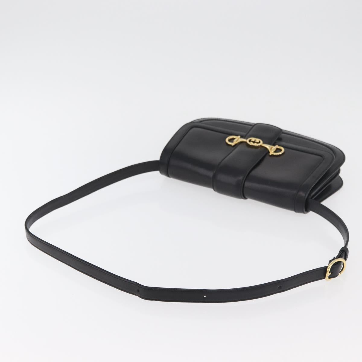 GUCCI Horsebit Shoulder Bag Leather Black Gold Auth ep14024