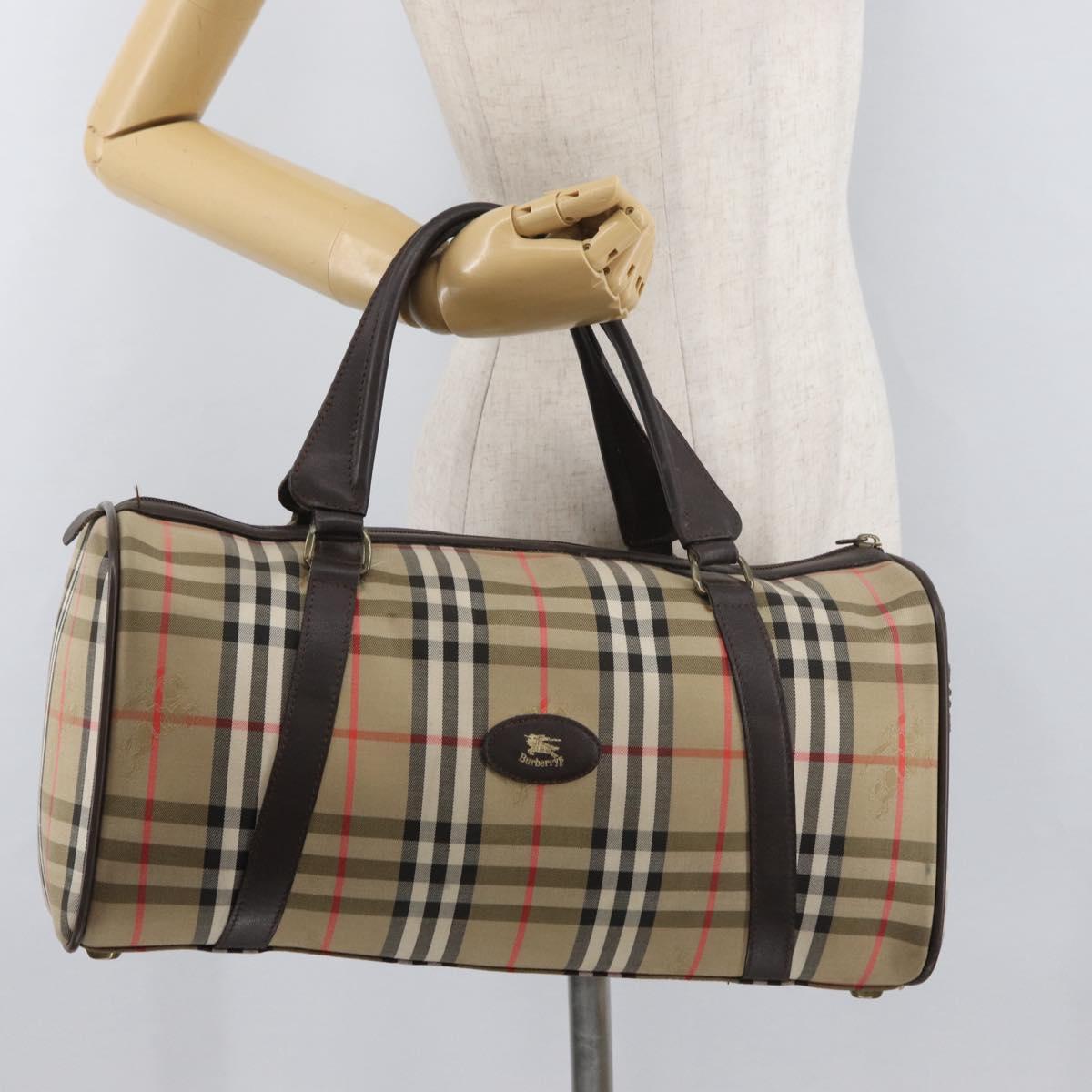 Burberrys Nova Check Boston Bag Canvas Beige Gold Auth ep14038