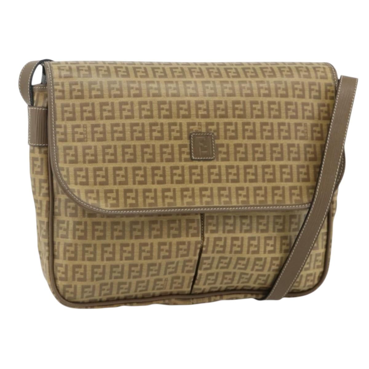 FENDI Zucchino Canvas Shoulder Bag Coated Canvas Beige Gold Auth ep14053
