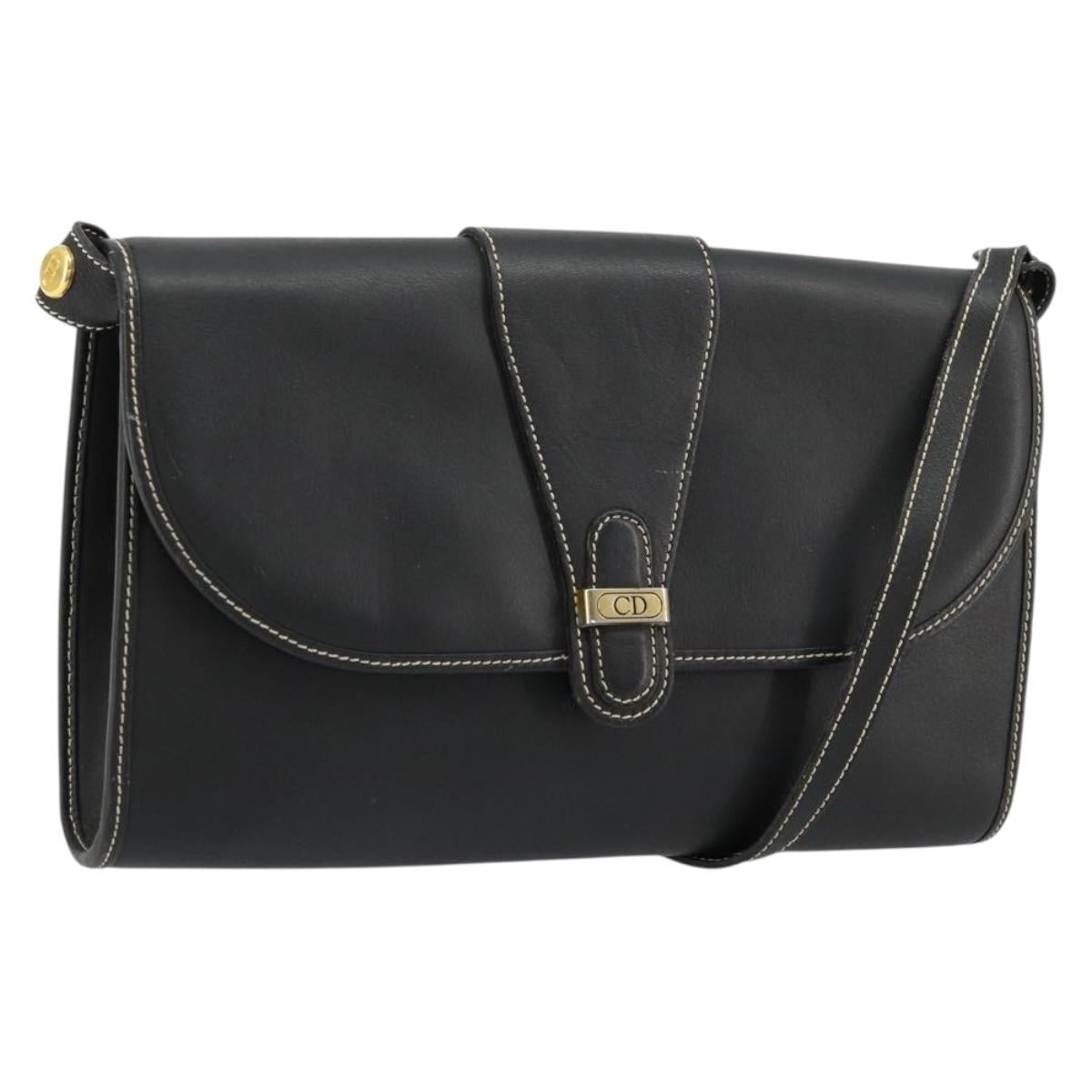 Christian Dior Shoulder Bag Leather Black Gold Auth ep14089