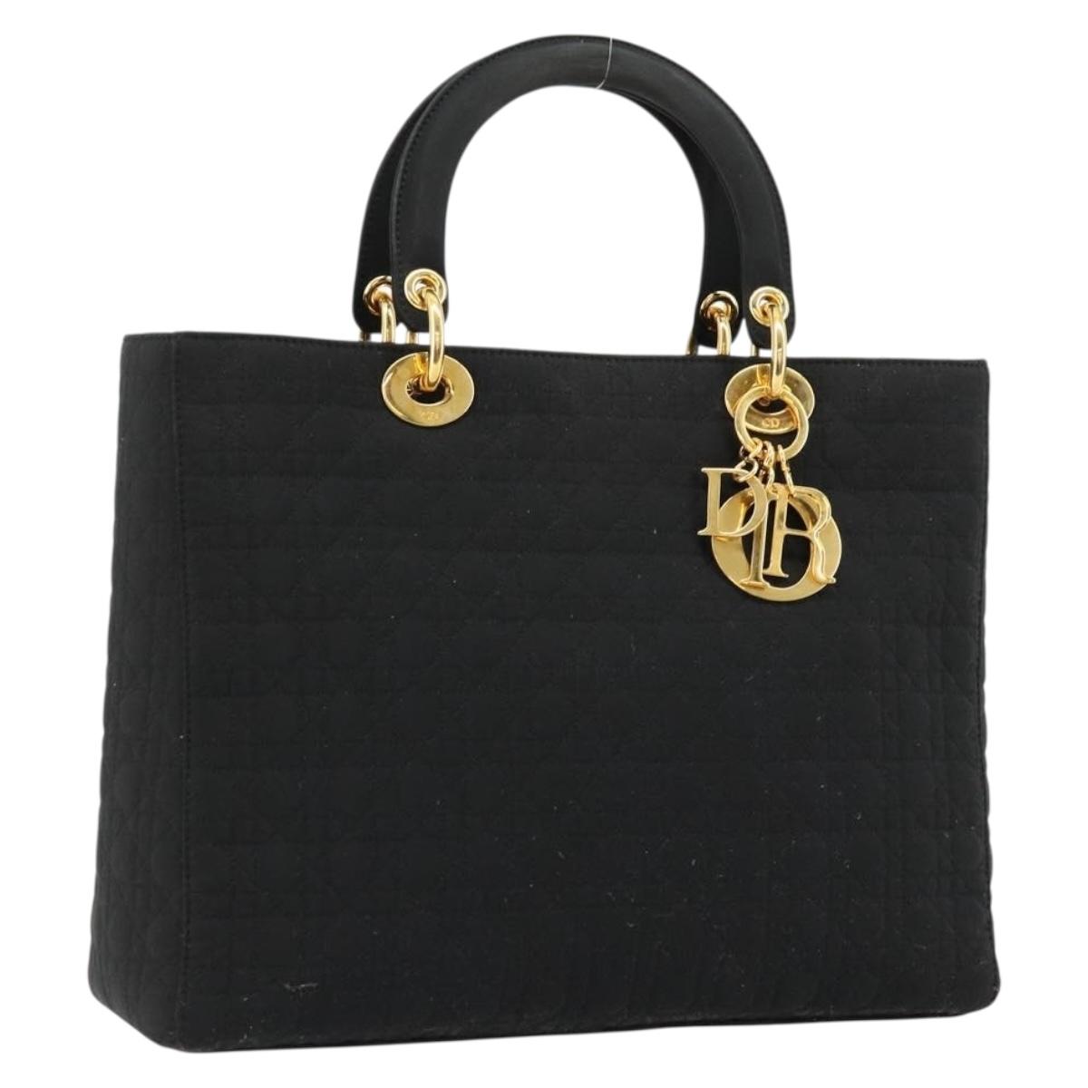 Christian Dior Canage Lady Dior Hand Bag Nylon Black Gold Auth ep14110