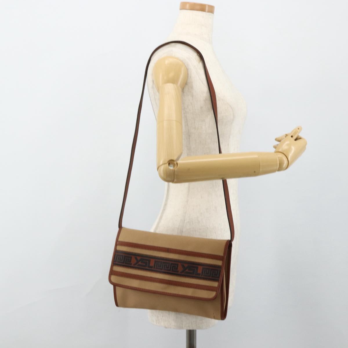 SAINT LAURENT Shoulder Bag Canvas Beige Gold Auth ep14127