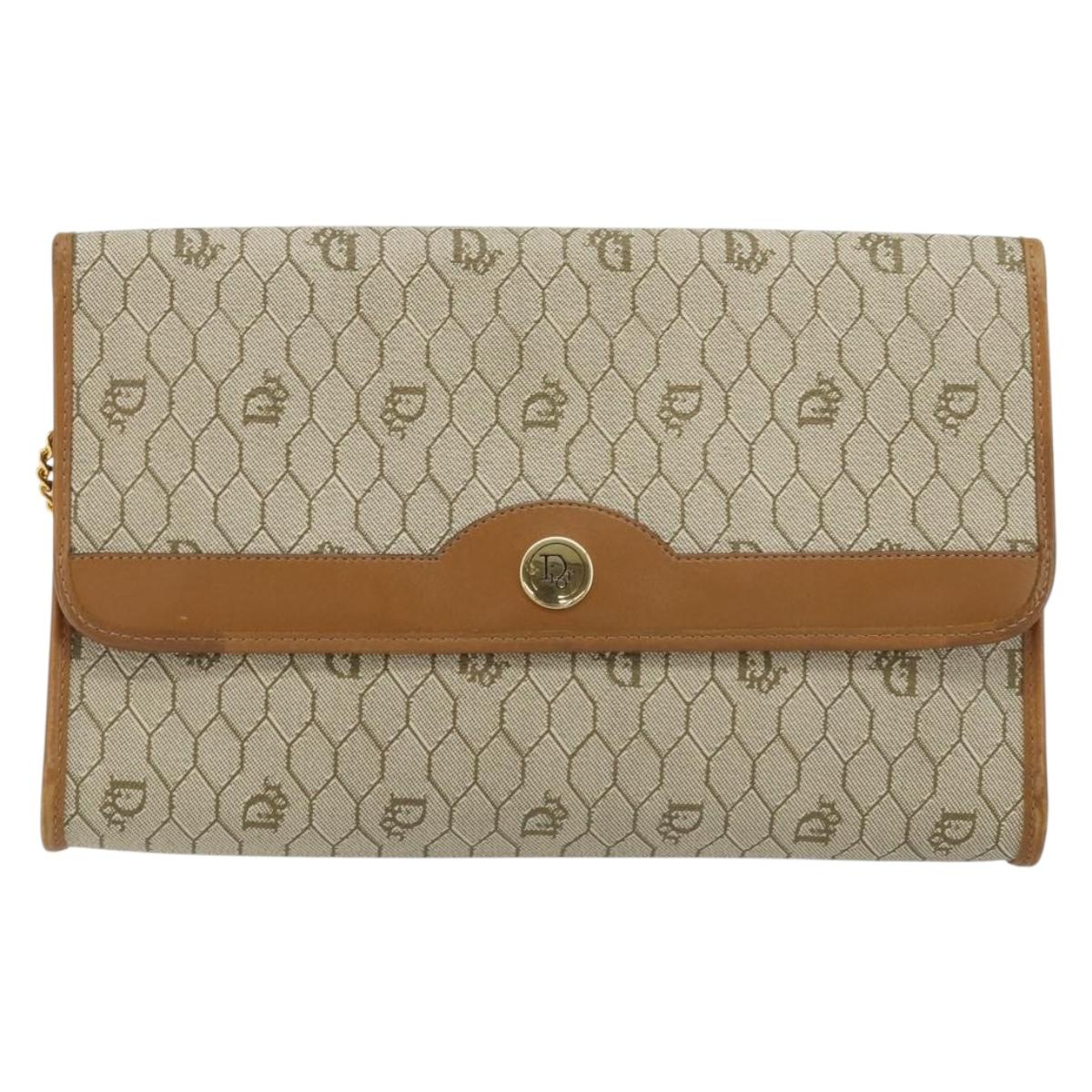 Christian Dior Honeycomb Canvas Chain Shoulder Bag PVC Beige Gold Auth ep14180