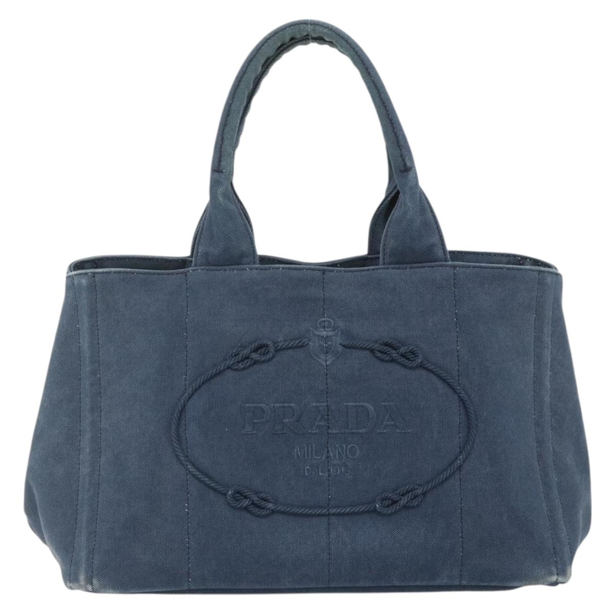 PRADA Canapa M Hand Bag Canvas Navy Gold Auth ep14222