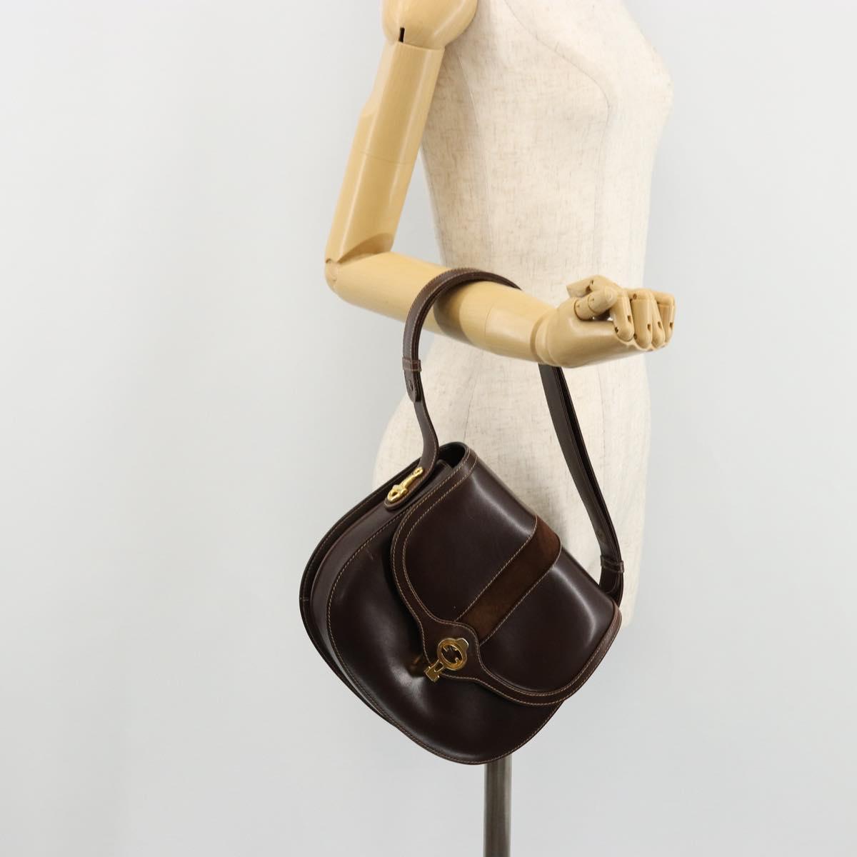GUCCI Shoulder Bag Leather Brown Gold Auth ep14223