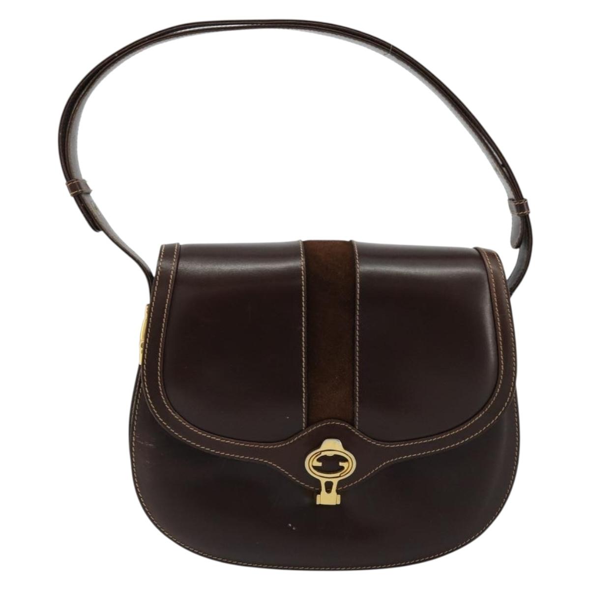 GUCCI Shoulder Bag Leather Brown Gold Auth ep14223
