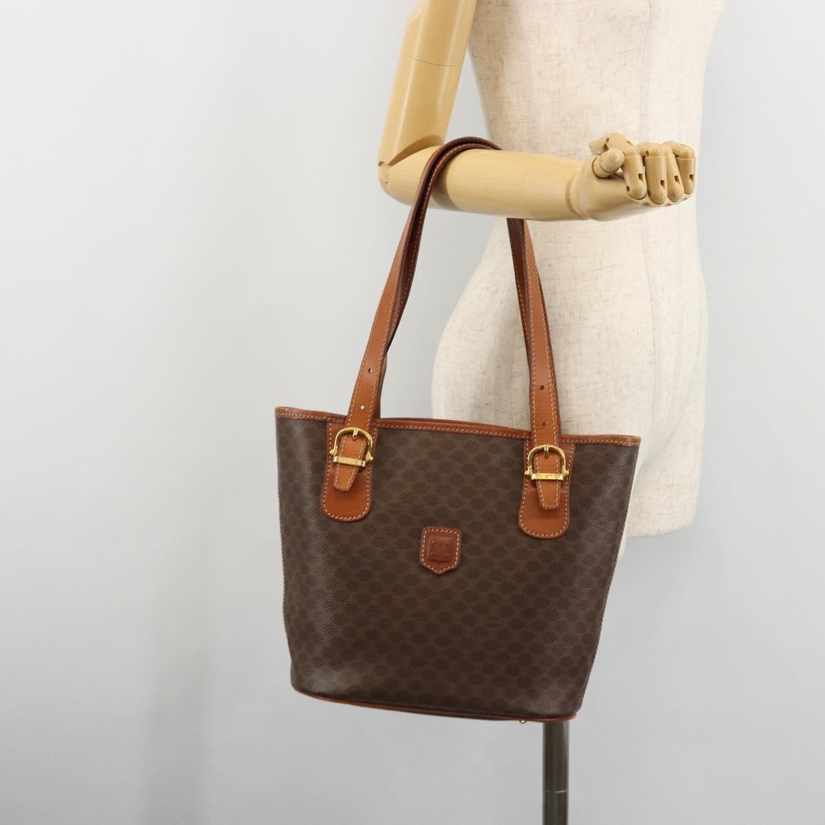 CELINE Macadam Canvas Tote Bag PVC Leather Brown Gold Auth ep14253