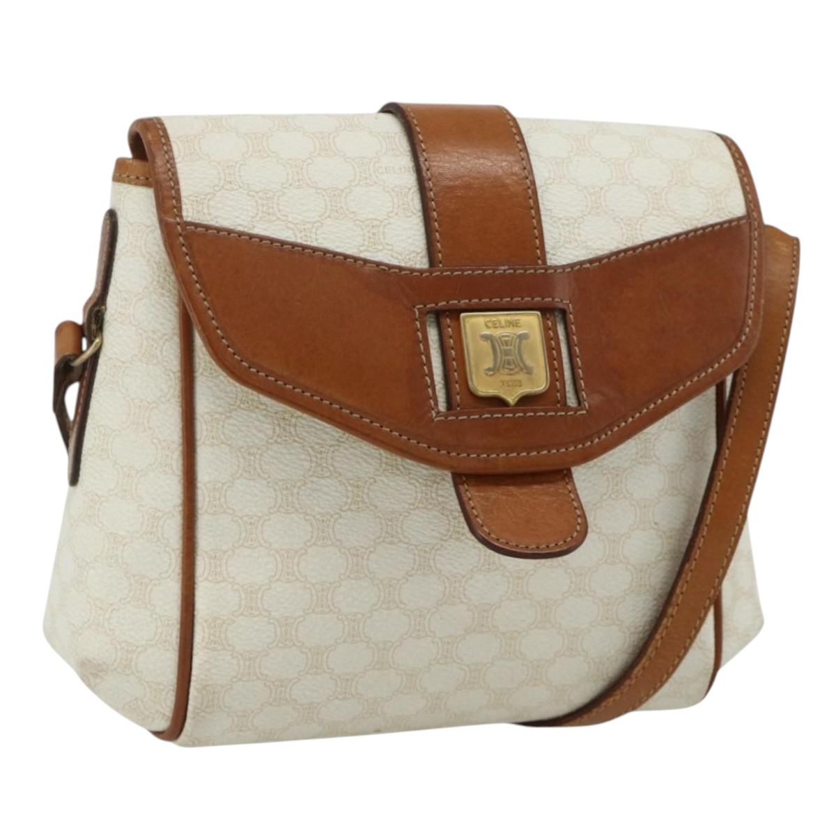CELINE Macadam Canvas Shoulder Bag PVC Leather White Gold Auth ep14261