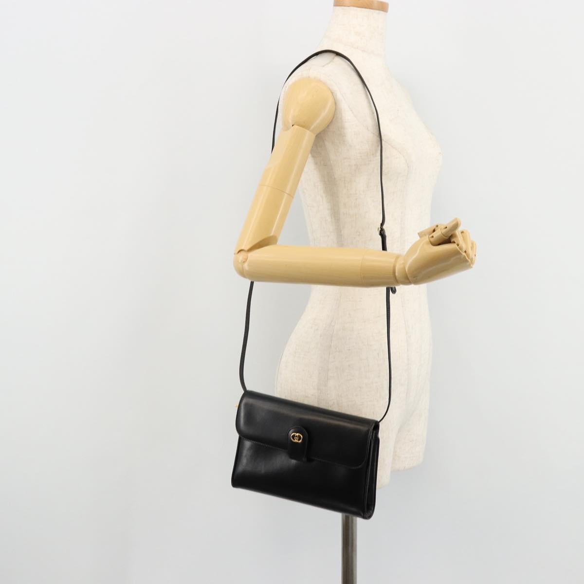 GUCCI Shoulder Bag Leather Black Gold Auth ep14267A