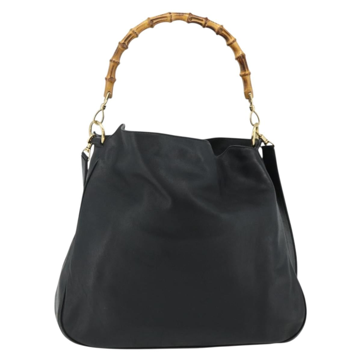 GUCCI Bamboo Shoulder Bag Leather 2way Black Gold 001 1577 Auth ep14290