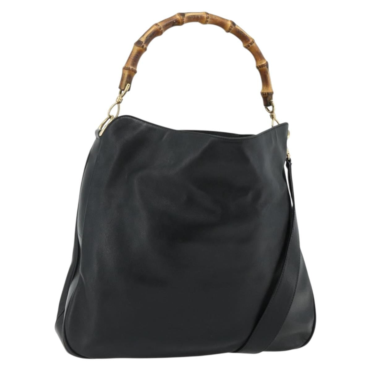 GUCCI Bamboo Hand Bag Leather 2way Black Gold 001 3754 1577 Auth ep14302