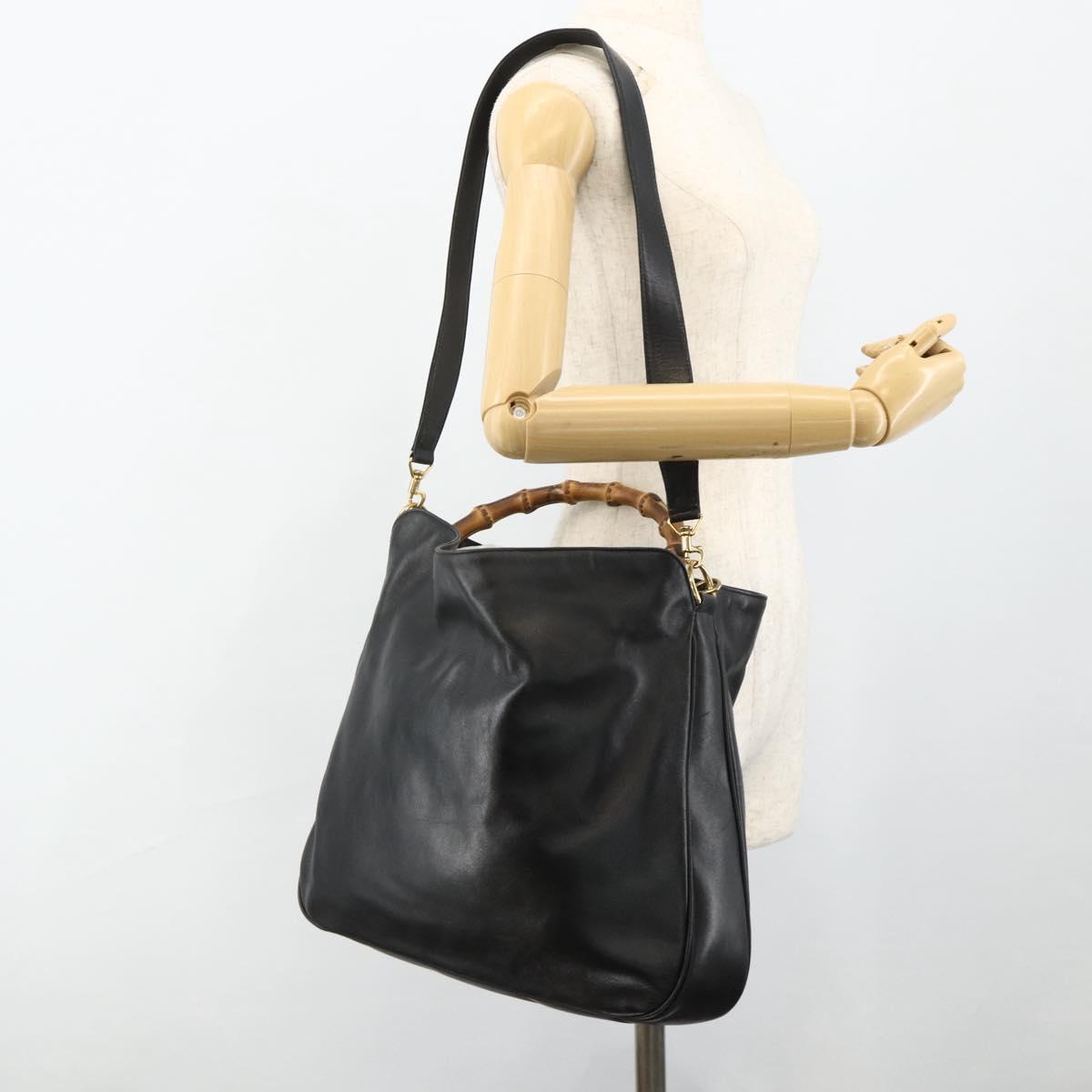 GUCCI Bamboo Hand Bag Leather 2way Black Gold 001 3754 1577 Auth ep14302