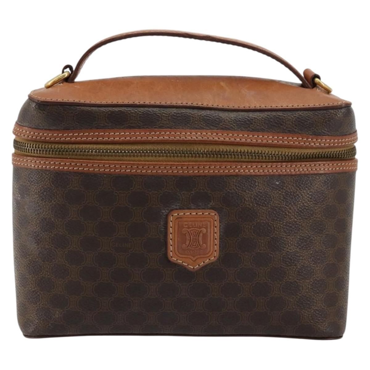 CELINE Macadam Canvas Vanity Hand Bag PVC Leather Brown Gold Auth ep14305