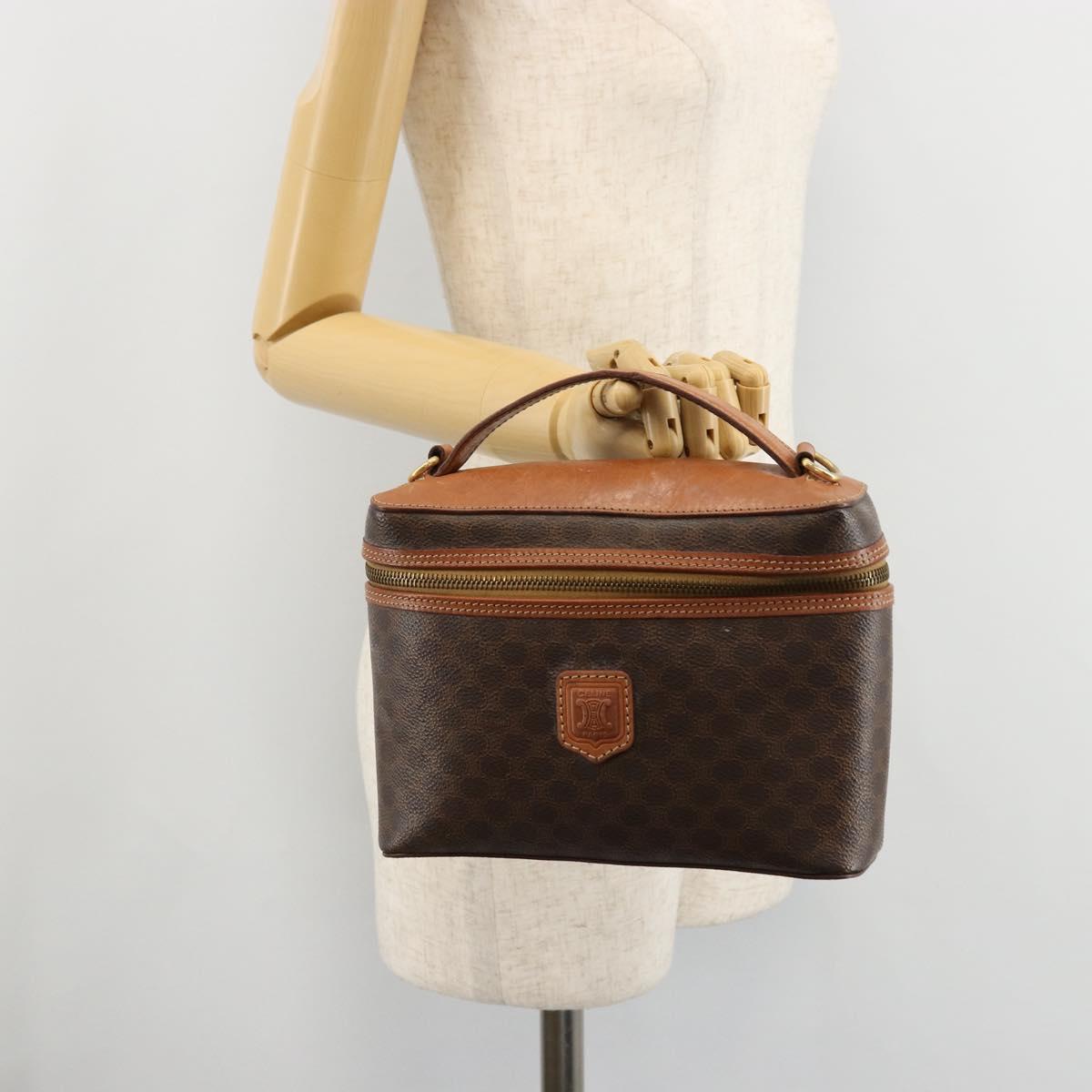 CELINE Macadam Canvas Vanity Hand Bag PVC Leather Brown Gold Auth ep14305
