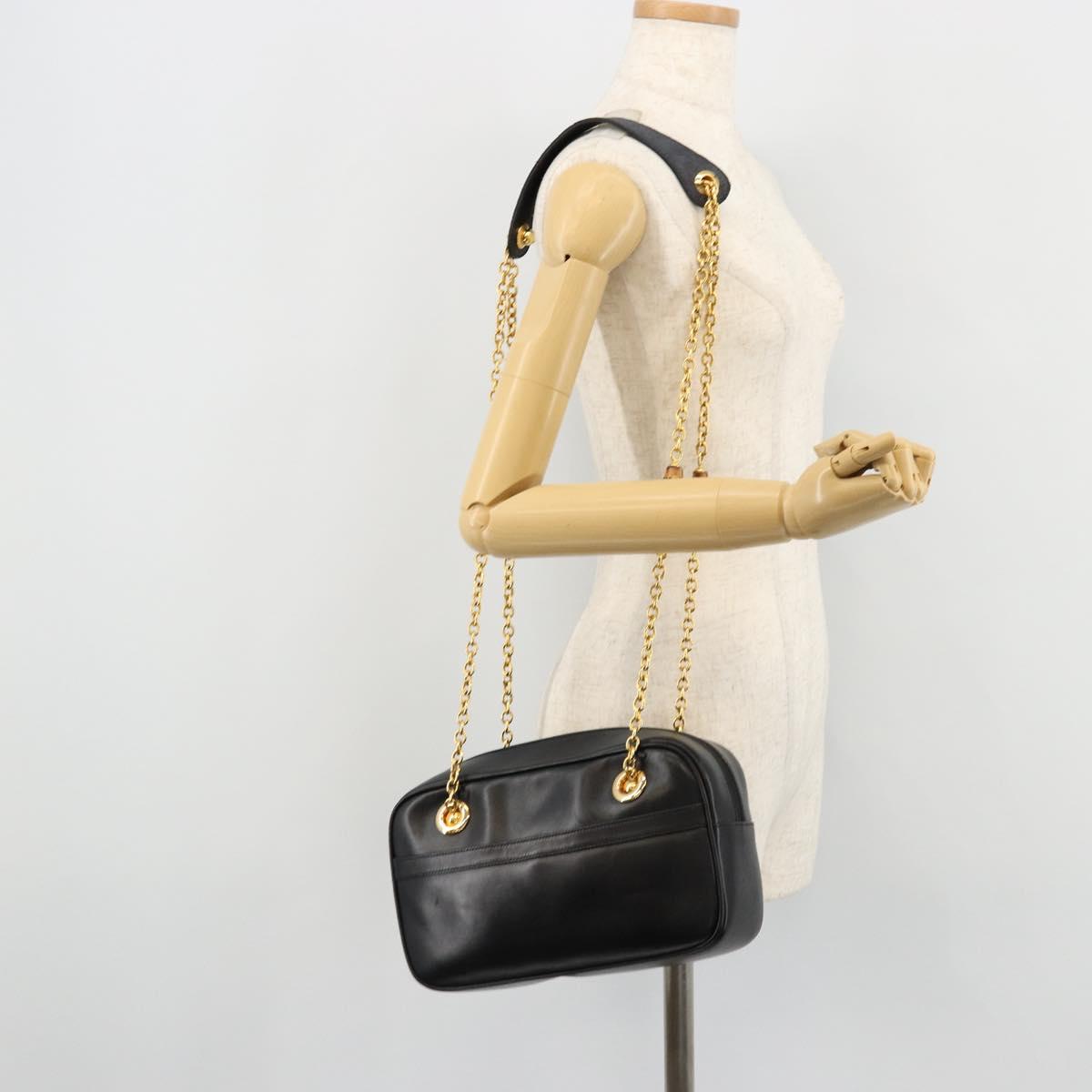 GUCCI Bamboo Chain Shoulder Bag Leather Black Gold Auth ep14306
