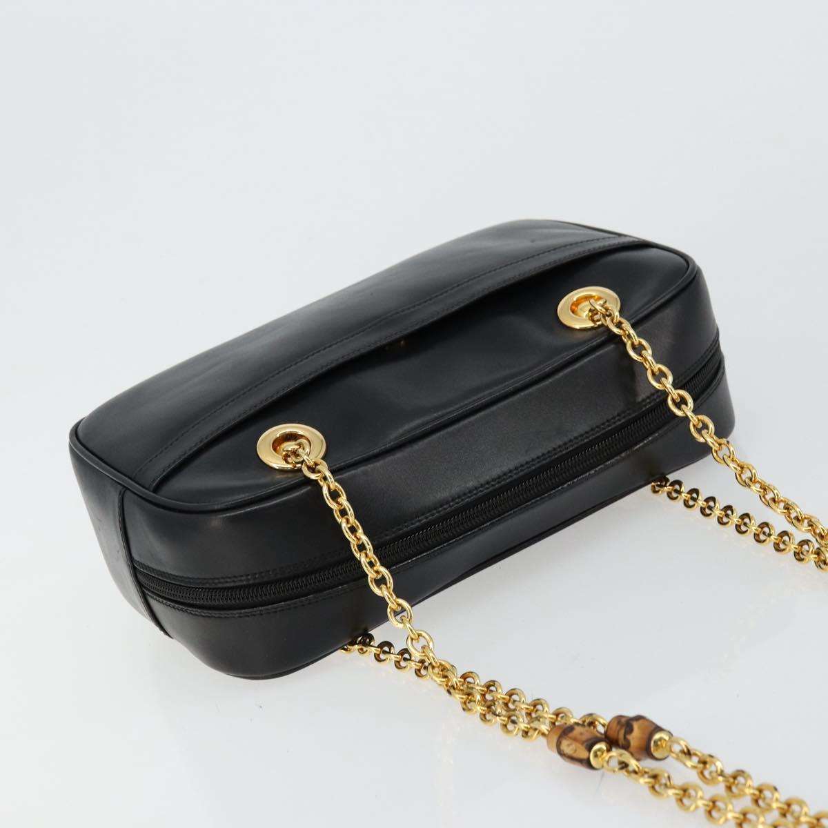 GUCCI Bamboo Chain Shoulder Bag Leather Black Gold Auth ep14306