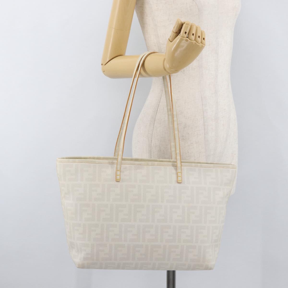 FENDI Zucca Canvas Tote Bag PVC White Gold Auth ep14348A