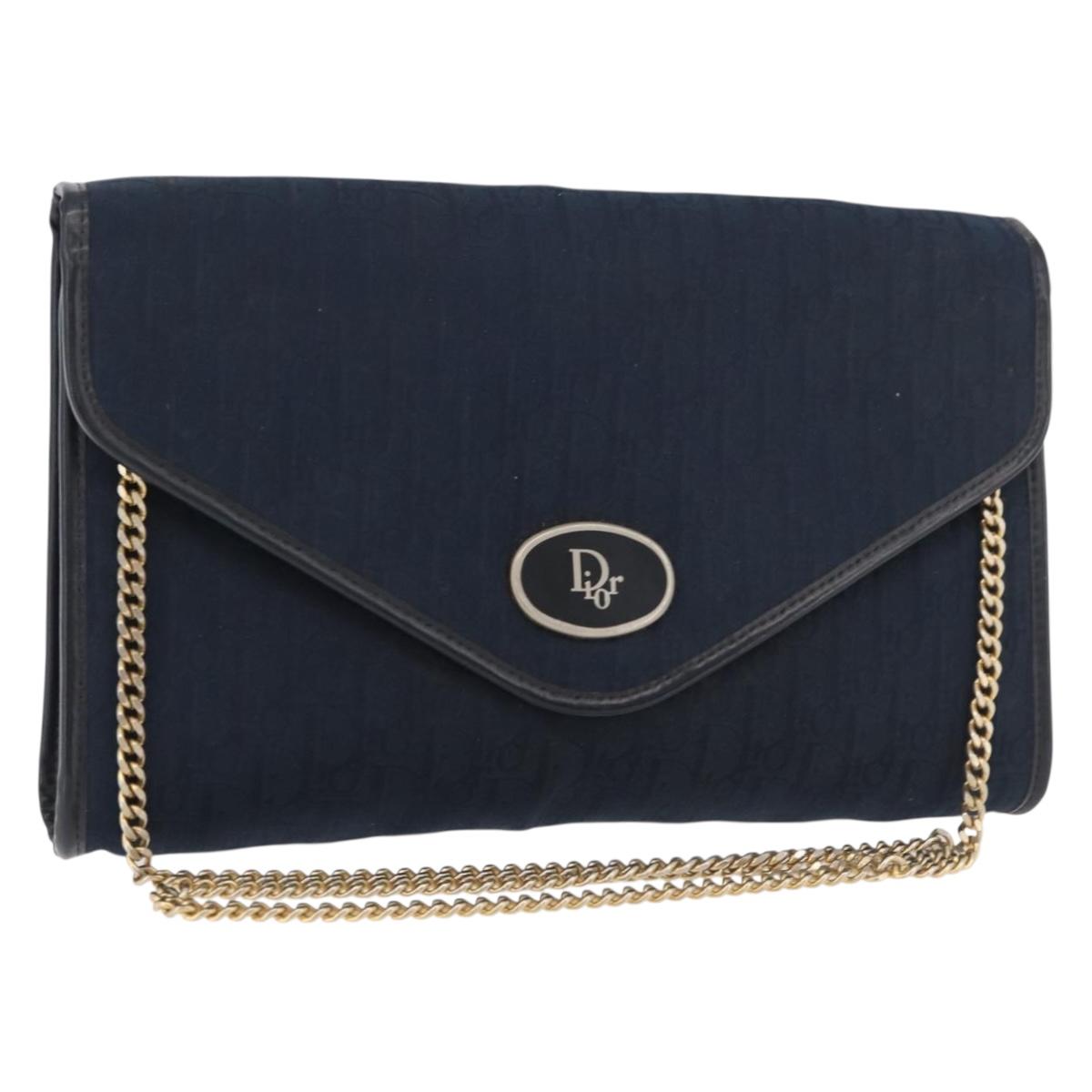 Christian Dior Trotter Canvas Chain Shoulder Bag Navy Gold Auth ep14377
