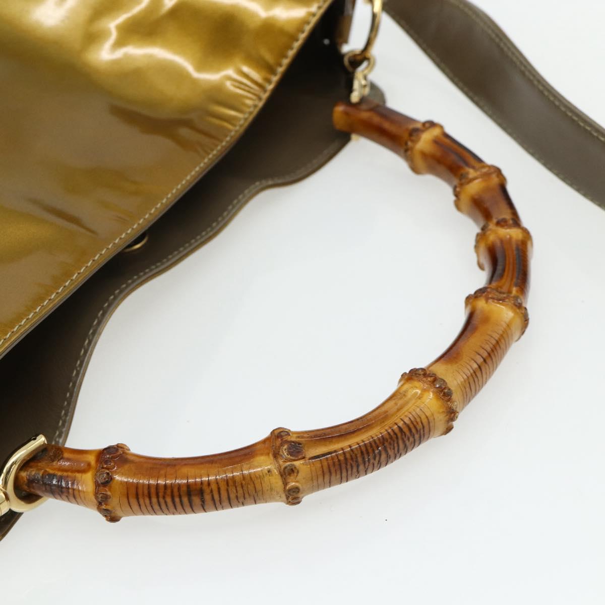 GUCCI Bamboo Hand Bag Patent Leather 2way Gold 001 1014 1638 Auth ep14385
