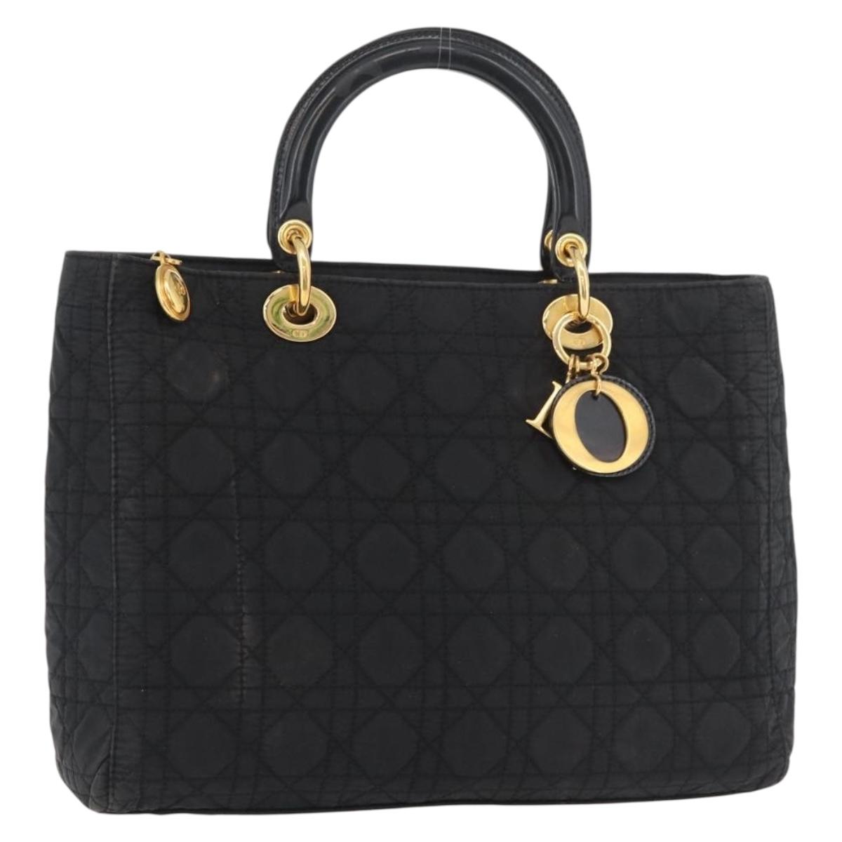 Christian Dior Canage Lady Dior Hand Bag Nylon Black Gold Auth ep14452