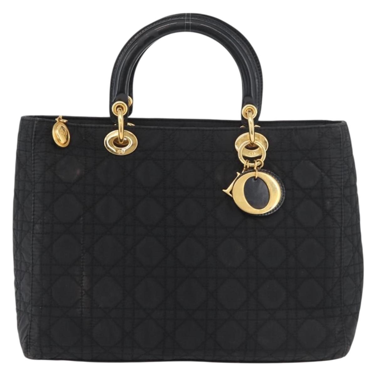 Christian Dior Canage Lady Dior Hand Bag Nylon Black Gold Auth ep14452