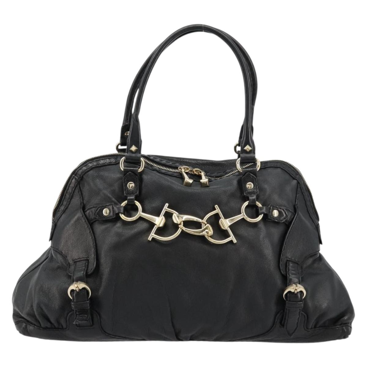 GUCCI Horsebit Hand Bag Leather Black Gold 189890 Auth ep14463
