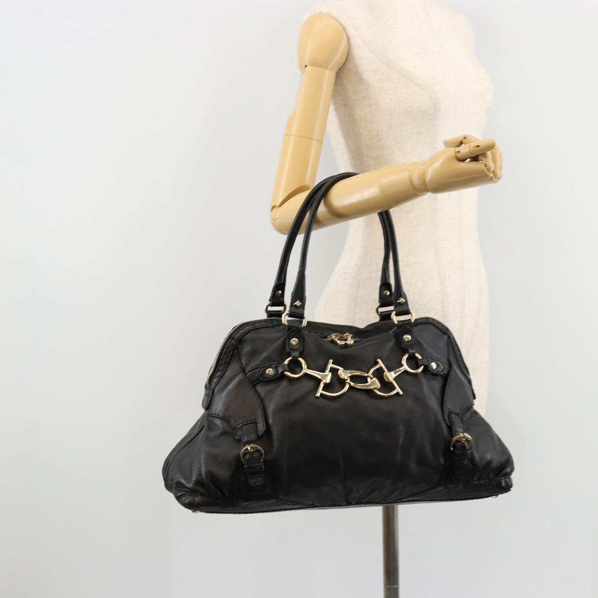 GUCCI Horsebit Hand Bag Leather Black Gold 189890 Auth ep14463