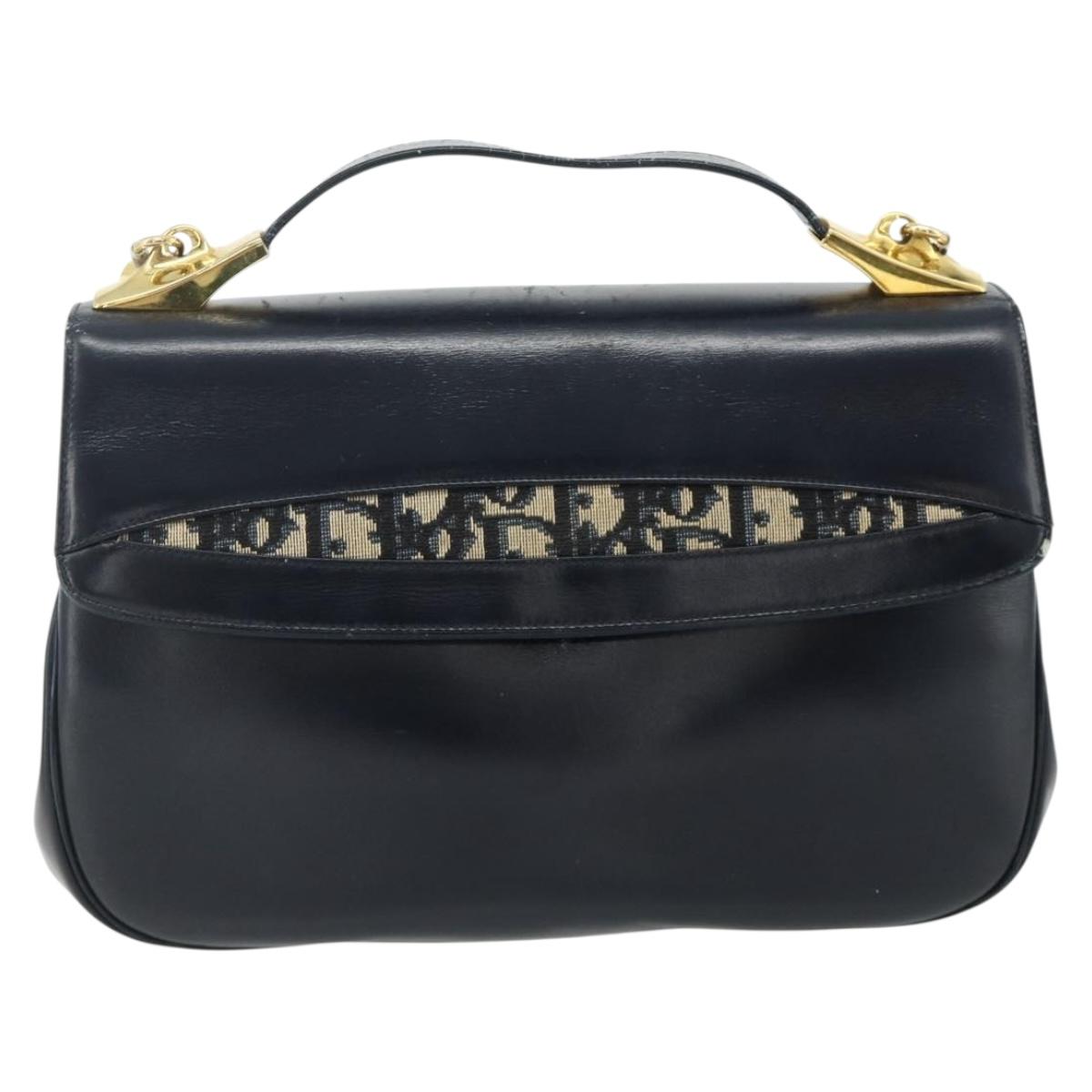 Christian Dior Trotter Canvas Hand Bag Leather 2way Navy Gold Auth ep14481