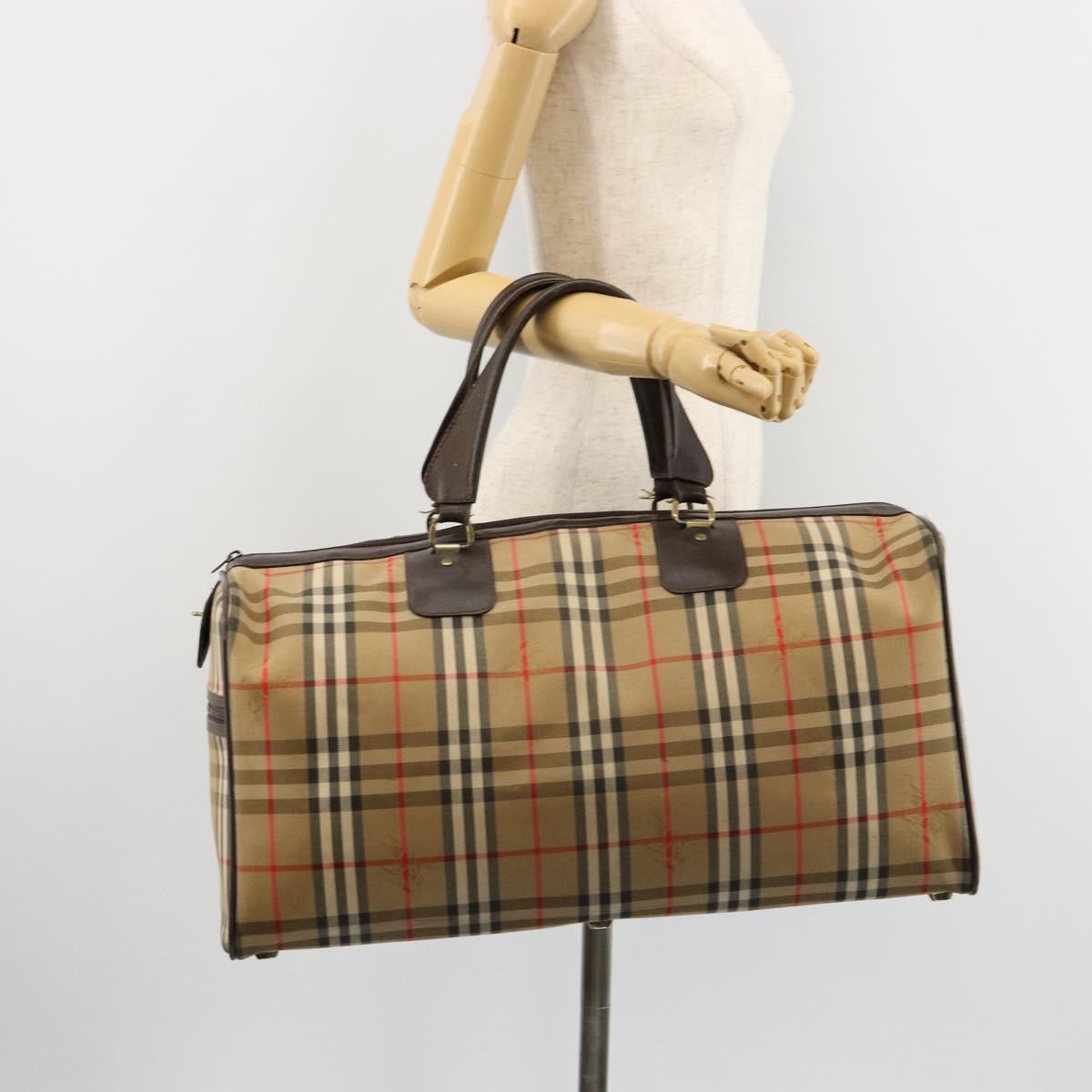 Burberrys Nova Check Boston Bag Canvas Beige Gold Auth ep14489