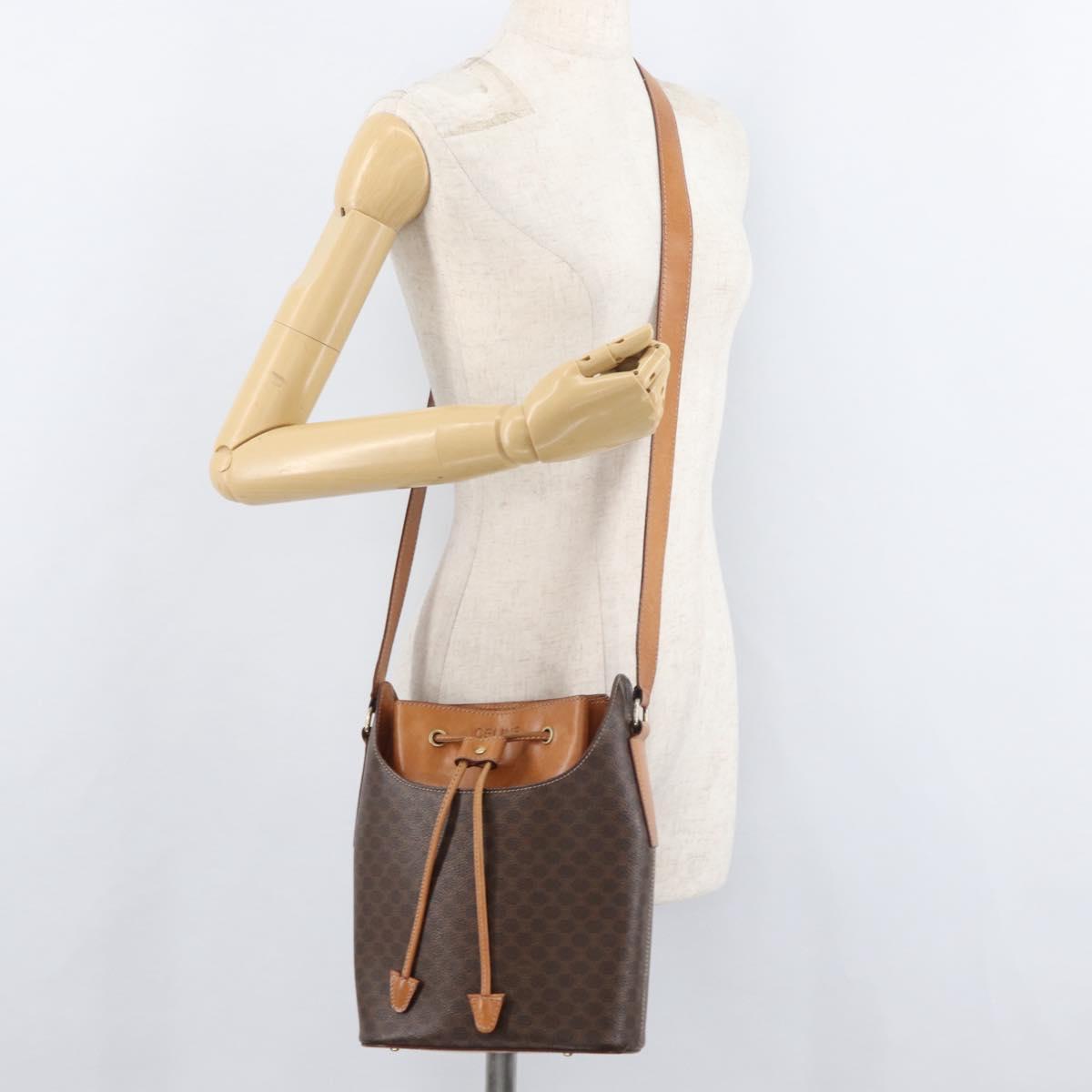 CELINE Macadam Canvas Shoulder Bag PVC Leather Brown Gold Auth ep14494