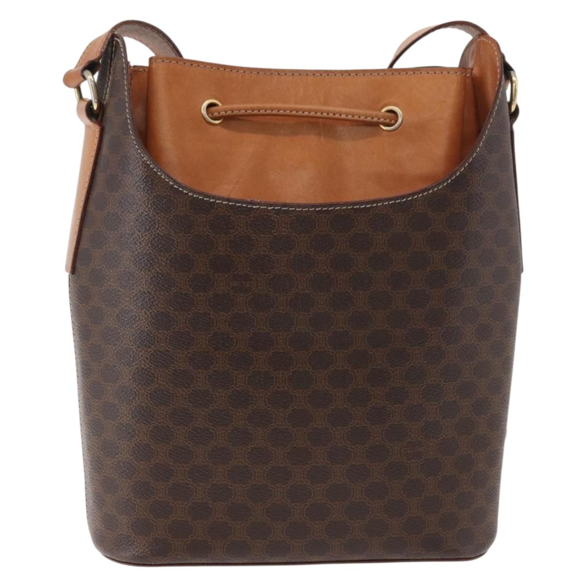 CELINE Macadam Canvas Shoulder Bag PVC Leather Brown Gold Auth ep14494