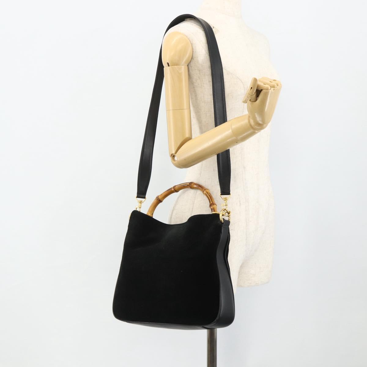 GUCCI Bamboo Shoulder Bag Suede 2way Black Gold 001 1014 1638 Auth ep14505