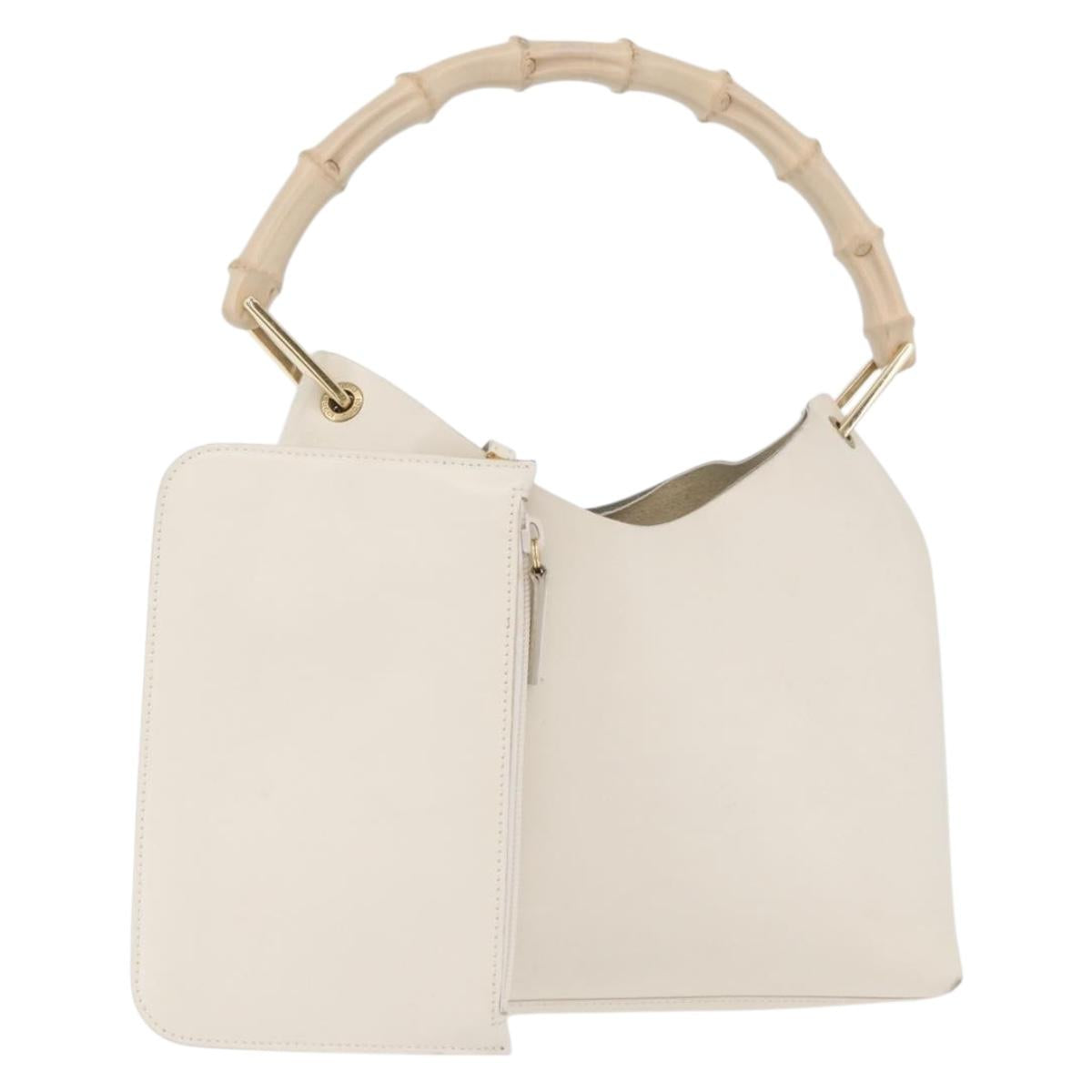 GUCCI Bamboo Hand Bag Leather White Gold 001 1998 1883 Auth ep14526