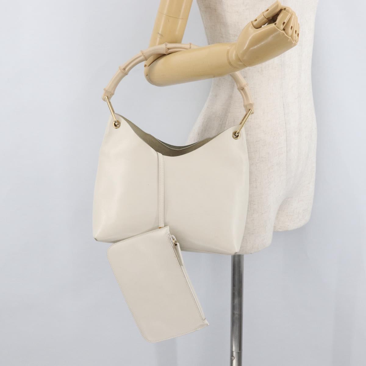 GUCCI Bamboo Hand Bag Leather White Gold 001 1998 1883 Auth ep14526