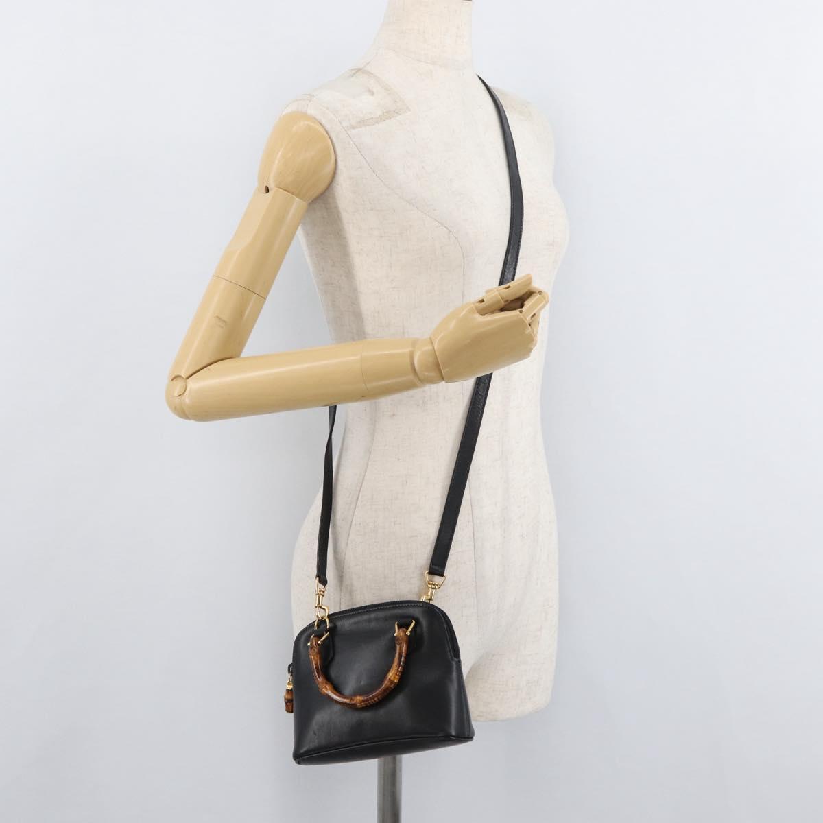 GUCCI Bamboo Hand Bag Leather 2way Black Gold 007 2032 0231 Auth ep14546