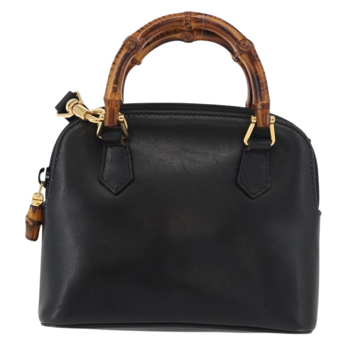 GUCCI Bamboo Hand Bag Leather 2way Black Gold 007 2032 0231 Auth ep14546