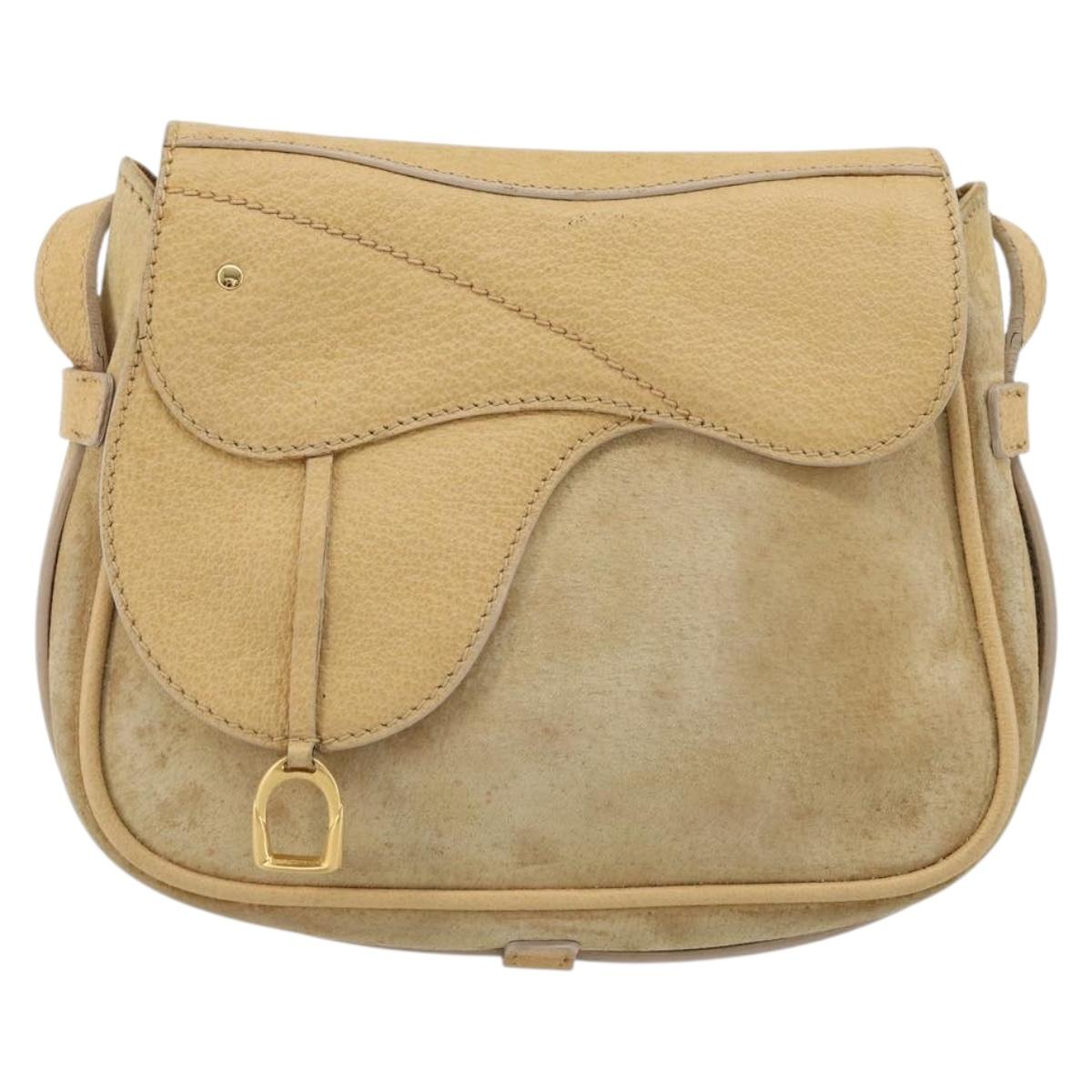GUCCI Saddle Shoulder Bag Suede Beige Gold Auth ep14557