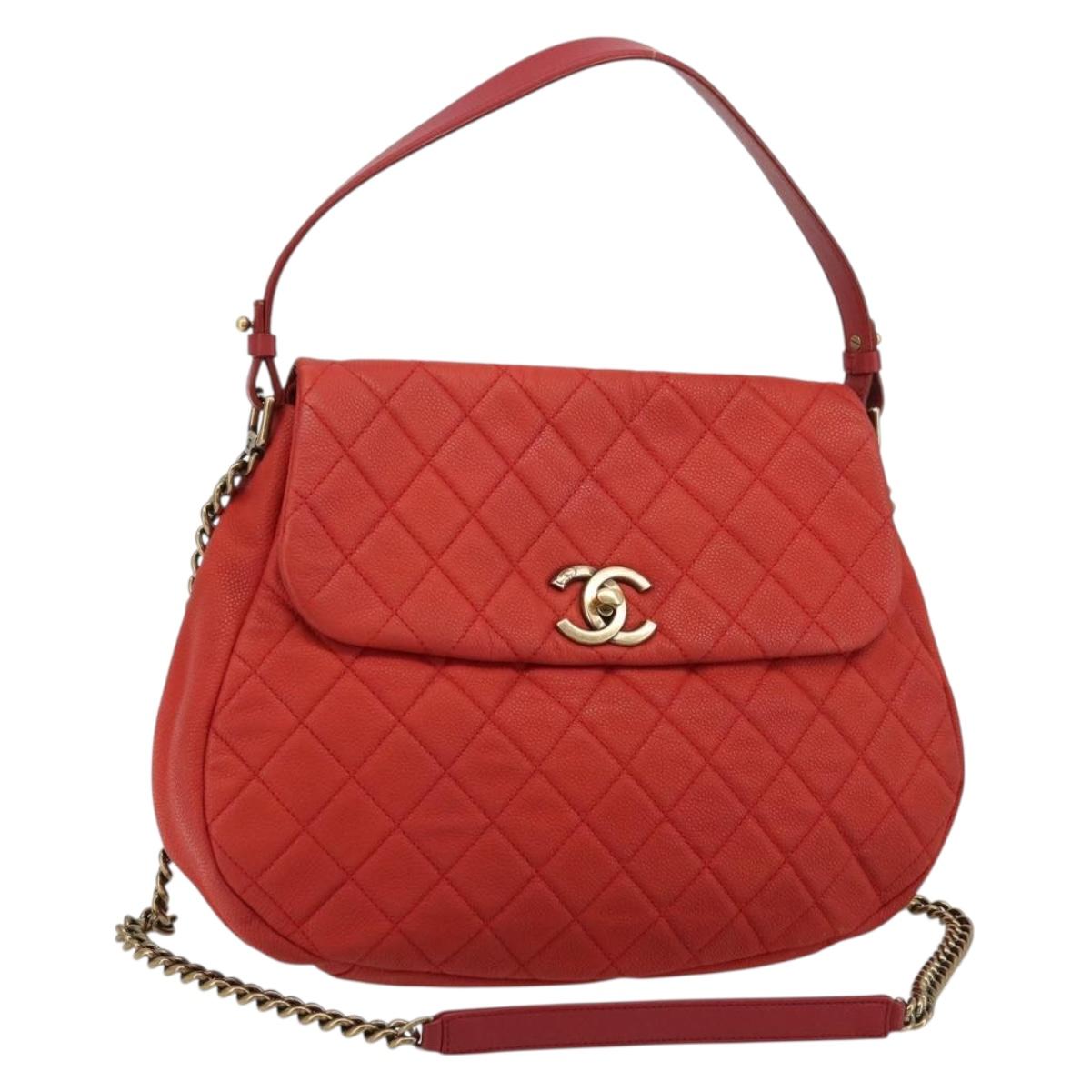 CHANEL Matelasse Chain Shoulder Bag Caviar Skin 2way Red Gold CC Auth ep14575V