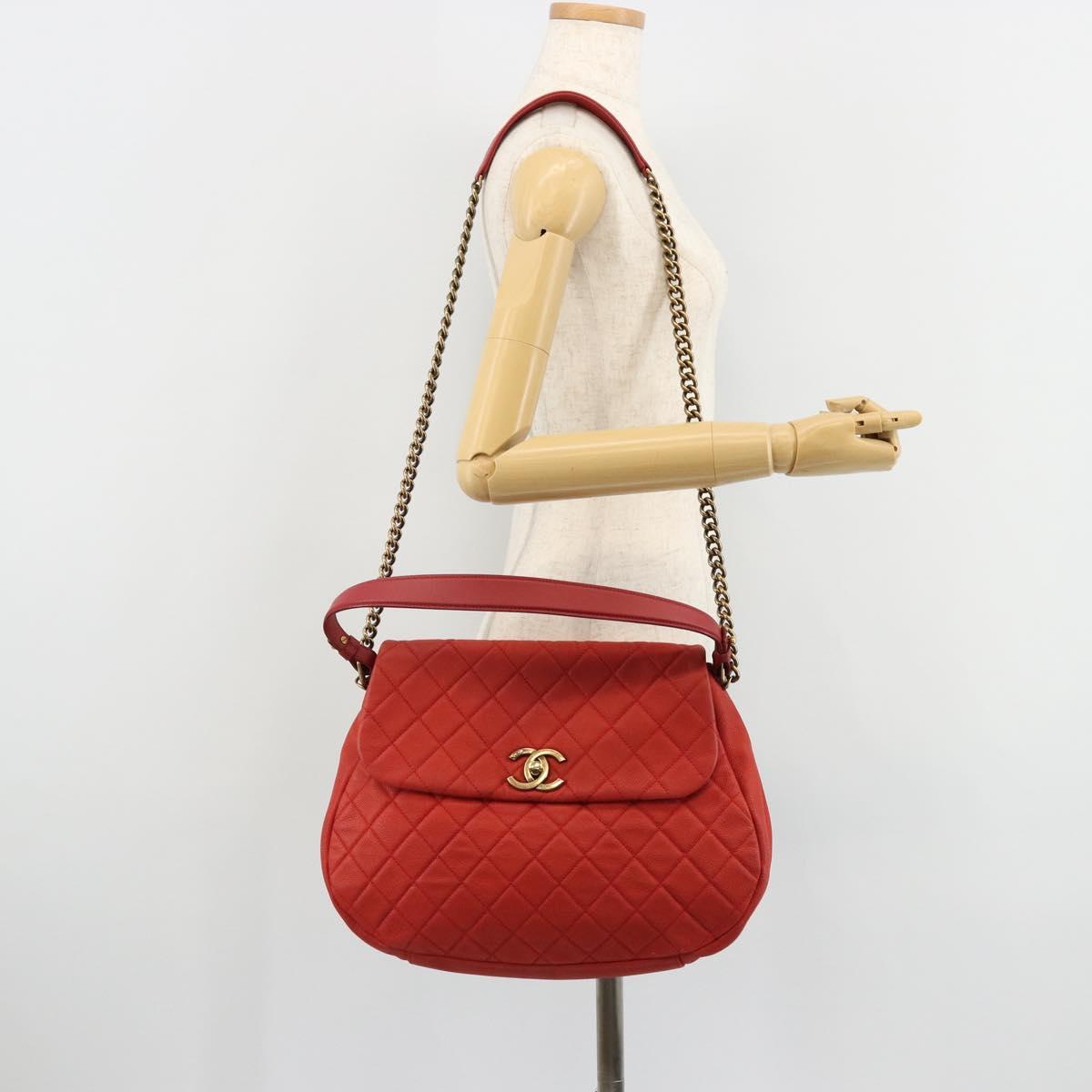 CHANEL Matelasse Chain Shoulder Bag Caviar Skin 2way Red Gold CC Auth ep14575V